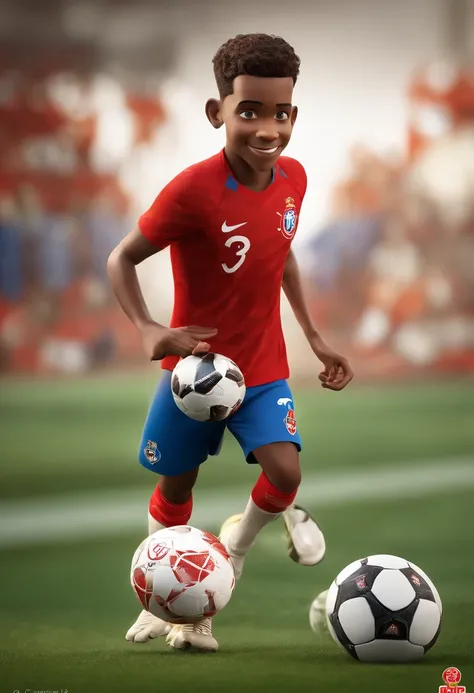 Imagem estilo Pixar com personagem 3D, Vicente, um menino de 7 anos, com pele branca, cabelos castanhos e encaracolados, um sorriso largo e olhos expressivos.
Vicente usando o uniforme vermelho e branco do Sport Clube Internacional de Porto Alegre, with th...