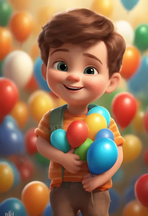 a happy cute kid standing short hair, vestindo uma roupa de padre , fundo de aniversario com baloes, barnet, Tom, Estilo Pixar, ....3d, desenhos animados, rosto detalhado, escrito saude e paz