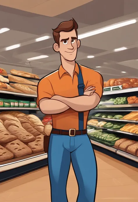 Cartoon character of a man wearing and a blue shirt and black pants ,Supermarket background written Superbread, Pose de personagem, (Estilo Pixar)