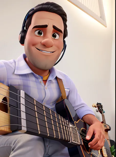 Homem  cabelo liso preto tocando guitarra atilo pixar alta qualidade