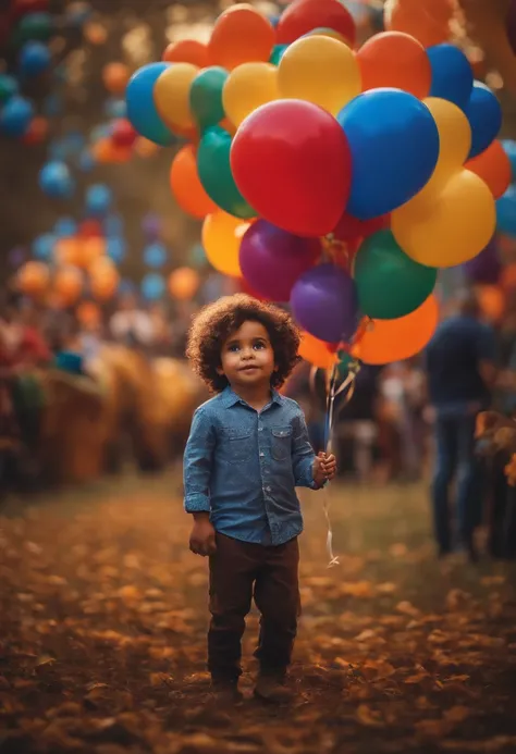 estilo pixar, crianca com com cabelo curto grisalho, com roupa de padre, fundo de aniversario com baloes,