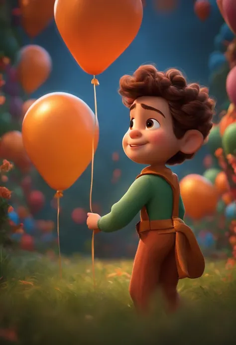 estilo pixar, crianca com com cabelo curto grisalho, com roupa de padre, fundo de aniversario com baloes,