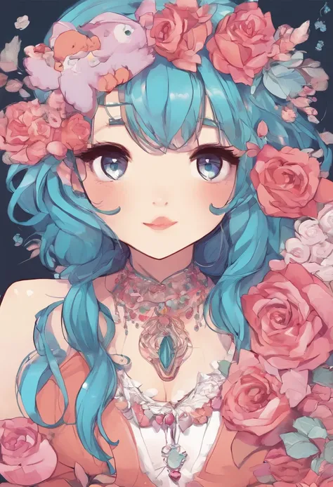 vtuber,mignonne,douce,jeune fille,Long Wavy Hair,gentille,souriante,levres pulpeuse et rose,petite poitrine,White top with a mini detaher,collier en or,joue qui rougissent un peu,Anime,digital,cheveux bleu, adolescent