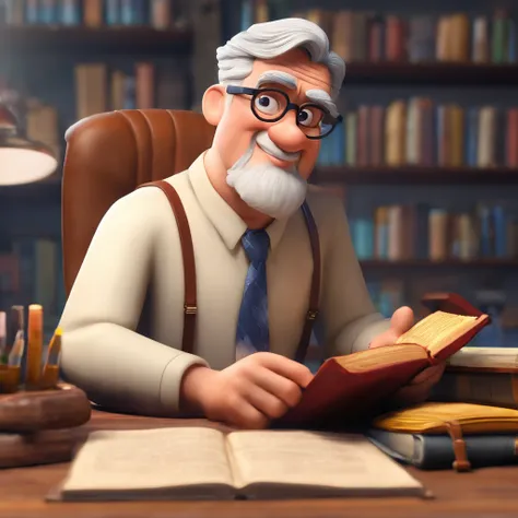 Crie um cartaz inspirado na Disney Pixar com o personagem sendo o pastor Rubens Janier, A gray-haired man wearing glasses, in an office with a Bible on the table