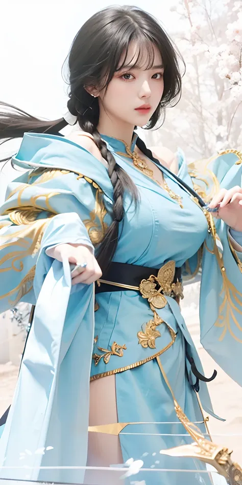 1girl, black hair, blue clothes, ultra detailed, masterpiece, realistic, holding a sword