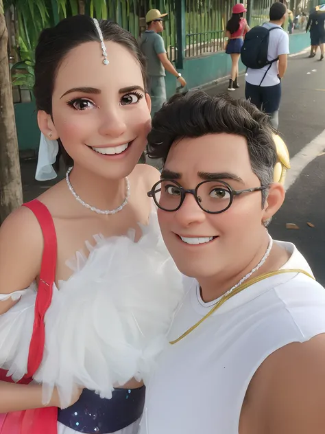 A couple dressed up for carnival and happy in the center of Sao Paulo in Brazil. Criar imagem estilo Disney Pixar, high resolution in full HD.