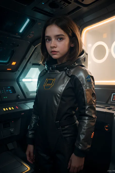 (Young girl, 4yr old, brown light hair, fotorrealista, Pale skin), (amarillo (ojos:1.2)), (Slim build:1.3), (Fancy spacesuit), Cara hermosa, face symmetrical, Greg Rutkowski, wlop y Sam Kuvshinov, (Cabello largo), blonde eyelashes, Iris grande, pupila gran...