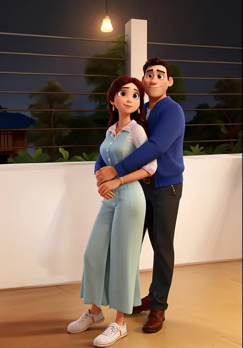 Casal, roupa social, lua atras, estilo pixar, romantico