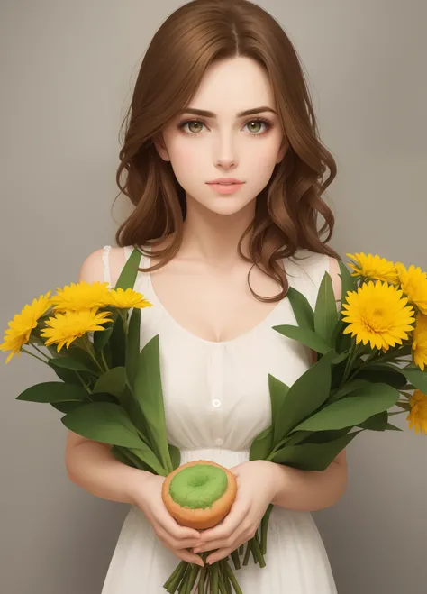 Crie uma imagem de uma mulher de 23 anos, with characteristic brown hair, rosto arredondado, cor dos olhos castanho,Symmetrical eyebrow, height of one meter and 1.70 cm, Holding a bouquet of coxinha.