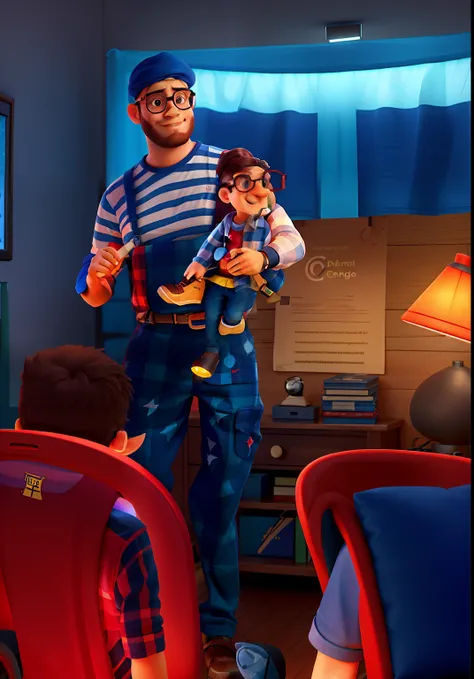 Um homem com uma boina preta, oculos, Dark blue and red striped jumpsuit and t-shirt with a plaid plaid dog doll on the front, illuminated by the light of a lamp, contra o pano de fundo de uma biblioteca