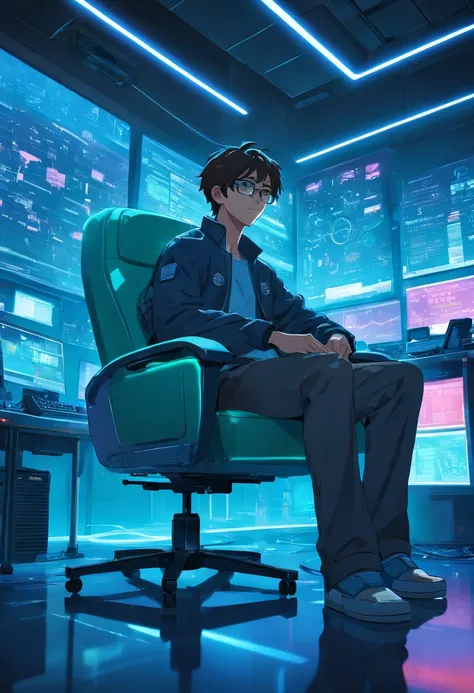 .RAW, wide angle, A man in a dark lab sitting in a chair from the future wears glasses., Pele negra avermelhada, laboratory, hardware, Ambiente Luminoso, neon light, ((cyberpunk))