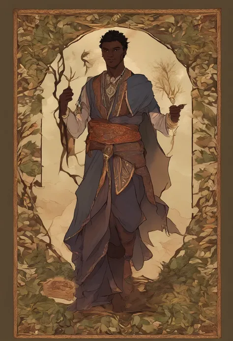 A handsome dark skinned elven god with embriodered clothing