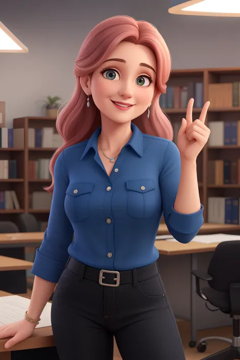 Uma mulher de 45 anos, com longos cabelos castanhos claros, Rosto redondo, sorriso encantador, e olhos castanhos escuros, na biblioteca, studio lighting, sign language interpreter and sign language teacher. Shes wearing blue clothes, blouse and black jeans