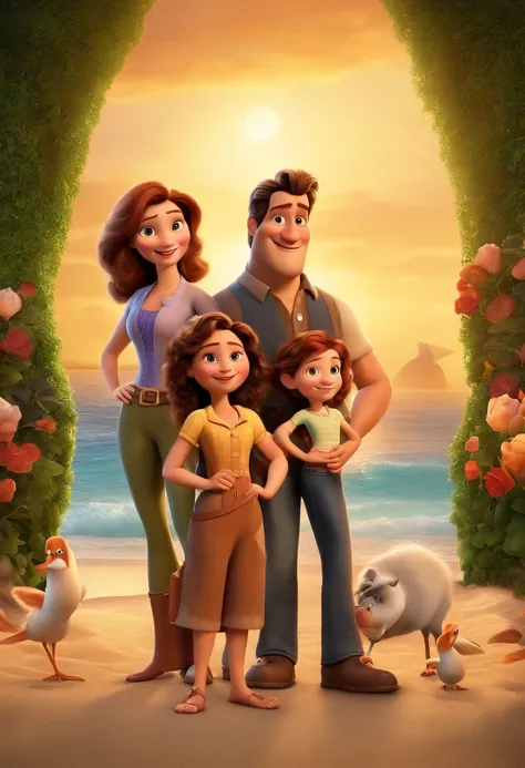 a Disney Pixar movie poster showing a white-skinned family. The father is the tallest, Tem barba curta, loiro, cabelos curtos e espinhosos. The mother has brown eyes and hair, shoulder-length and is slightly overweight. A menina tem 4 anos e cabelos castan...