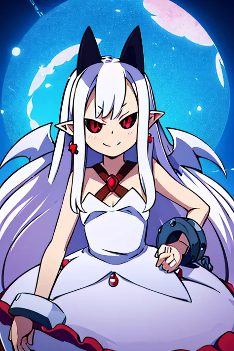 PRAM_PHANTOM_KINGDOM, 1GIRL, SOLO, LONG WHITE HAIR, HORNS, POINTY EARS, RED EYES, BLACK SCLERA, JEWELRY, DRESS, BUBBLE SKIRT, EARRINGS, CHAIN, BAT WINGS, ALBINO, SHACKLES, CRISS-CROSS HALTER, facing viewer, looking at viewer, upper body, smile.