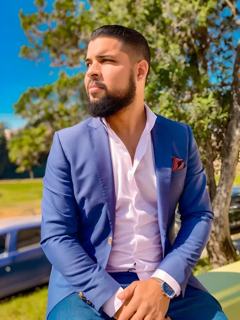 Desenho estilo Disney, Homem de terno azul sentado em um banco, outdoors business portrait, vestindo um terno azul claro, homem bonito, taken in the early 2020s, inspirado em Samuel Silva, imagem de perfil, david rios ferreira, ástor alexander, photo shoot...