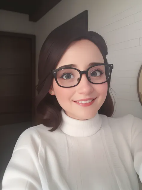 Uma mulher de 34 anos, com cabelos castanhos curtos, Rosto redondo, rosto redondo com sorriso encantador, e olhos castanhos claros, wearing glasses.