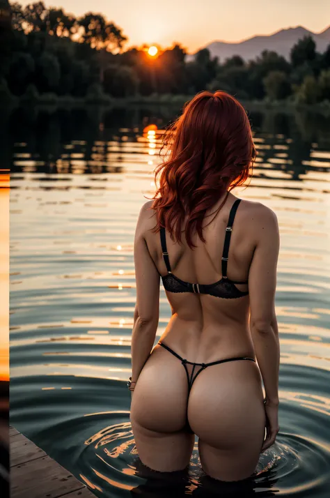 40-year-old red-haired French woman, facing the camera, sexy thong, small buttocks, in a lake, seduction, Sunset, cinematic rendering, 32K, RAW