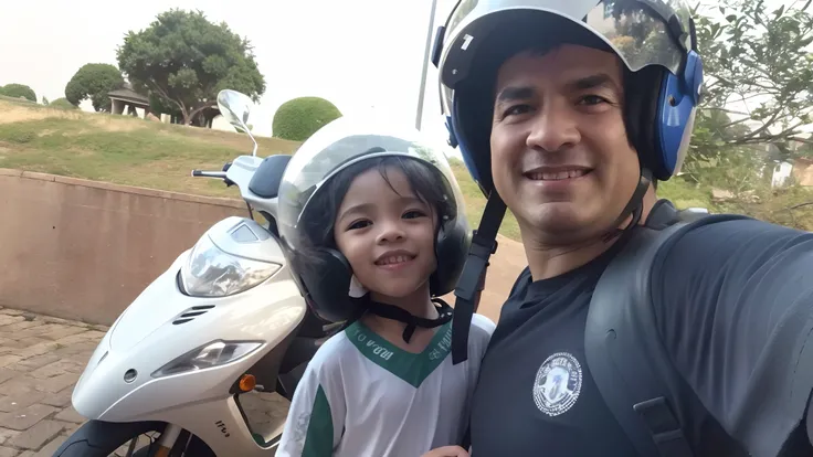 There is a man and a child who are standing next to a motorcycle, Andar na scooter do ciclomotor, andar de moto, edu souza, icaro carvalho, In Sao Paulo, andrea rocha, pilotando uma motocicleta, usando um capacete redondo, sem capacete!!!!, caio santos, an...