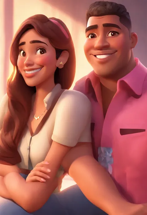 An illustration of an adorable couple, Highlight for a smiling chubby mulatto man wearing a pink shirt and a brunette woman with beautiful expressive eyes - the mans skin is mulatto and the mans hair has, while the womans skin is black and the womans hair ...