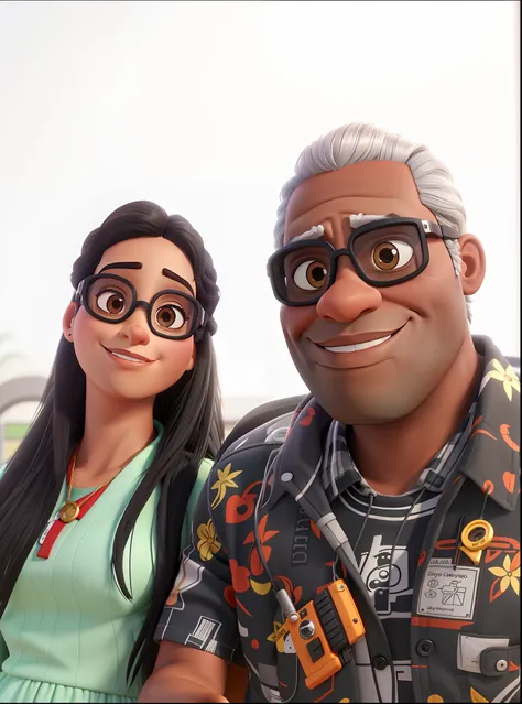 Homem negro, wearing goggles, mulher branca com cabelos preto romantic couple, igual aos filmes Disney Pixar