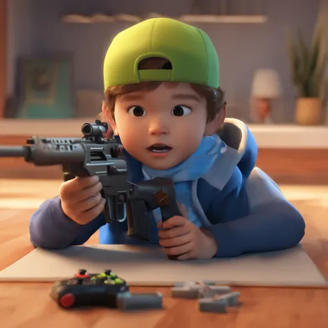 create an image of a child playing a video game with a gun in his hand, avenger style