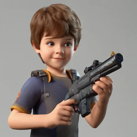 create an image of a child playing a video game with a gun in his hand, avenger style