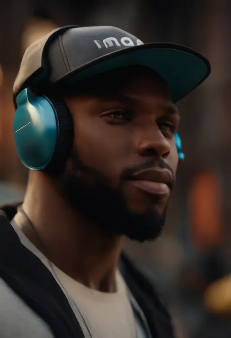 A black man in a cap without a beard ,olhos castanhos, com fones de ouvido, A music studio in the background, Imagem no estilo Pixar, Estilo de filme animado 3D, Disney, camiseta preta