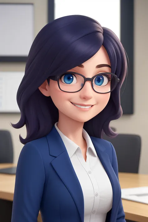 Uma mulher de 33 anos, com cabelos loiro pelo ombro, Round face with shy smile and blue eyes, wearing glasses. Profession: Tax Analyst