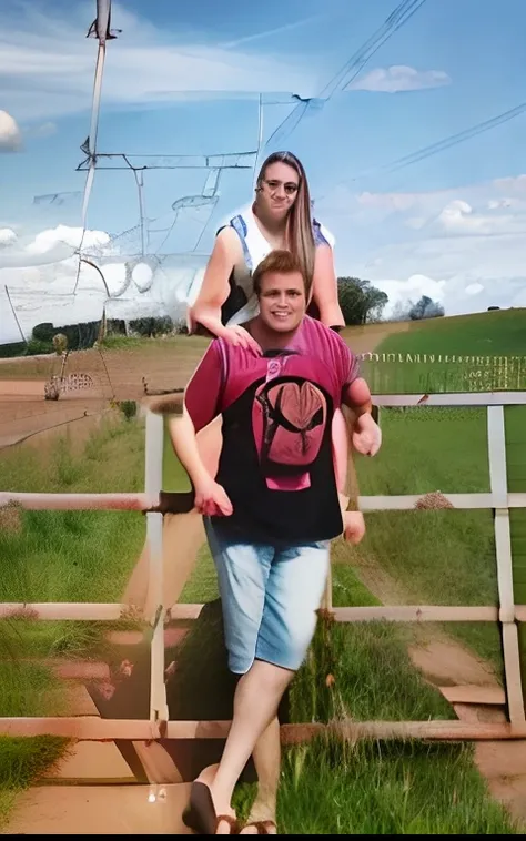 Theres a man and a woman standing on a fence in a field, em uma fazenda, foto de perfil, imagem de perfil, photo shoot, album photo, vacation photo, biological photo, standing astride a gate, Tiro de RP, Foto tirada em 2018, Standing in a field, Standing i...