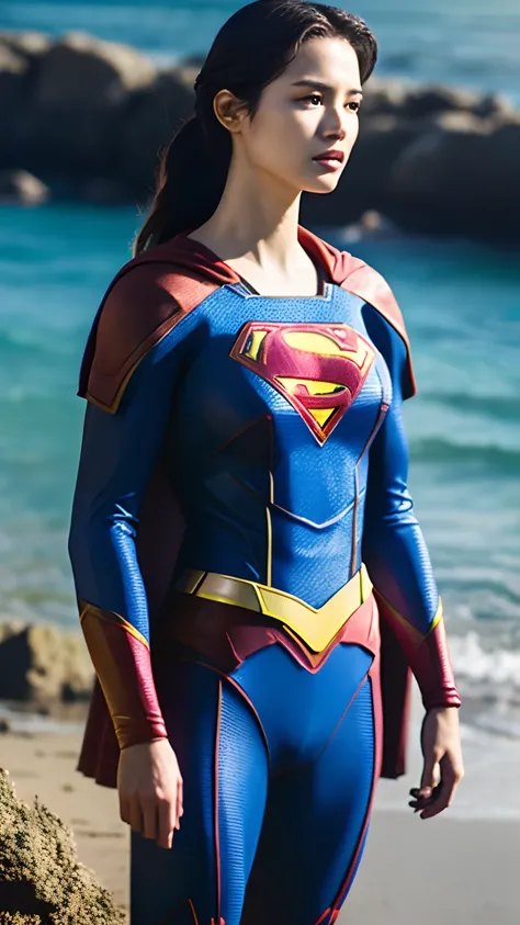 1girl in, Beautiful Hawaiian Woman,((Supergirl Suit)), superman logo,  full-shot, Standing Pose, looking at the viewers,Hawaiian Landscape,the beach，细致背景,Photorealsitic、a picture、​masterpiece、reallistic、真实感、photorealisim、High contrast、Photorealistic Art St...