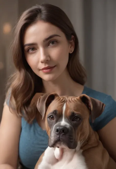 Beautiful young woman with gray boxer dog, Belas Artes, fundo preto, Luz de Rembrandt, --ar 2:3, (master part:1.4), (best quality:1.4), Foto RAW, (fotorrealista: 1.5), (short hair), cabelos castanhos claros, (Foto RAW, 8k UHD), belos olhos detalhados, olho...