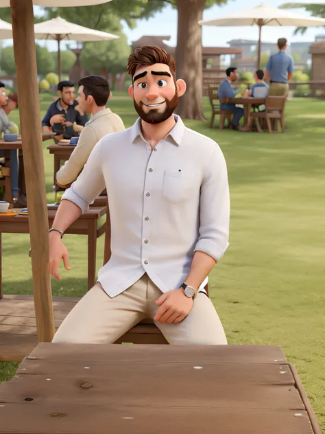 Disney Pixar 3D style young man with military cut hair & beard,styled casually, wearing a white shirt.is sitting at a wooden dining table in a park-like setting,surrounded by other people.facial features include a prominent,slightly curved nose & a pair of...