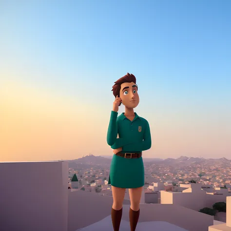 Homem de terno pulando no ar em frente a uma cidade, animation movie still, animated film, animation film, imagem promocional do filme, 3 d animated movie, animation film, dancing character, Arte Oficial, animation movie still, award winning animation, ani...