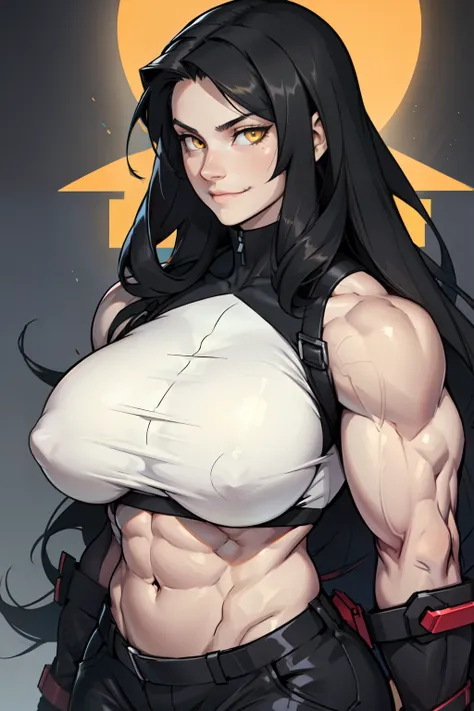 huge breasts pale skin very long hair black hair yellow eyes ((((((1 girl)))))) (((((muscular))))) smirk