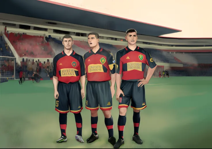 Three men in front of a soccer field with a crowd at play for Sport Club do Recife.