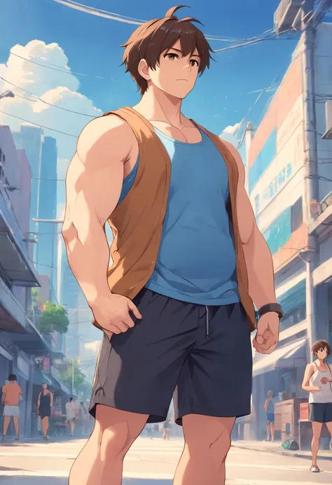 32 years old, adult, male, blue tank top, black gym shorts, light brown hair, short hair, brown eyes, no sleeves, muscular with fat belly, chubby belly, fat, big arms, handsome face