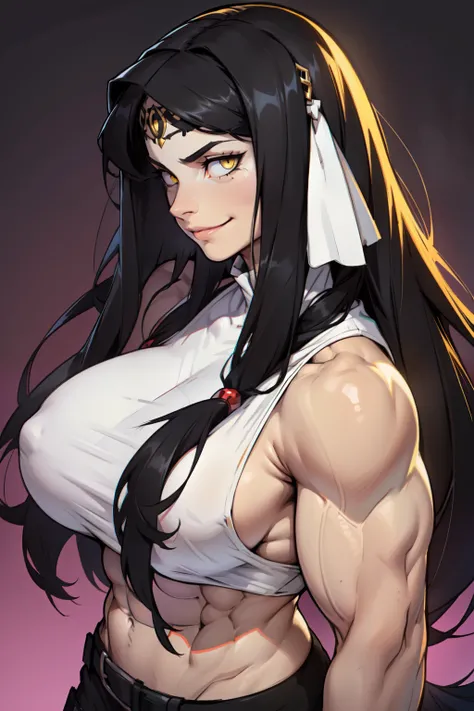 huge breasts pale skin very long hair black hair yellow eyes ((((((1 girl)))))) (((((muscular))))) smirk