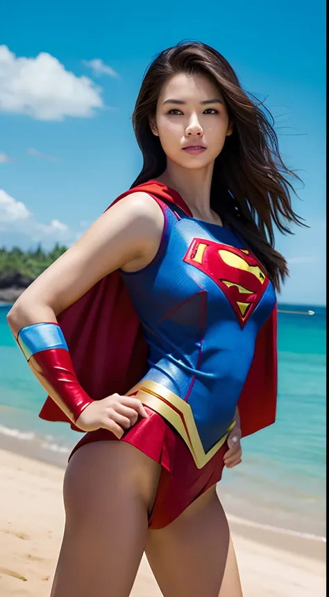 1girl in, Beautiful Hawaiian Woman,((Supergirl Suit)),(sleeveless)，A sexy， superman logo,  full-shot, Standing Pose, looking at the viewers,Hawaiian Landscape,the beach，细致背景,Photorealsitic、a picture、​masterpiece、reallistic、真实感、photorealisim、High contrast、P...