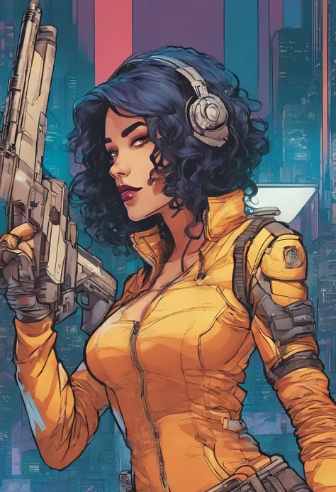 Mulher branca cabelo raspado hacker cyberpunk, segurando um rifle futurista