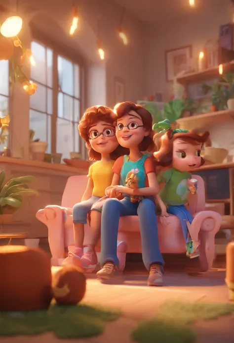 Estilo Pixar: Familia, Um pai, A mother and two girls. Uma menino de 6 anos e outro de 2 anos . Uma fazenda com vacas lindas e marrom .