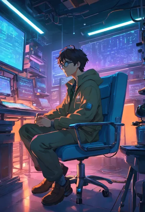 ..RAW, wide angle, A man in a dark lab sitting in a chair from the future wears glasses., Pele negra avermelhada, laboratory, hardware, Ambiente luminoso, Neon light, ((Cyberpunk))