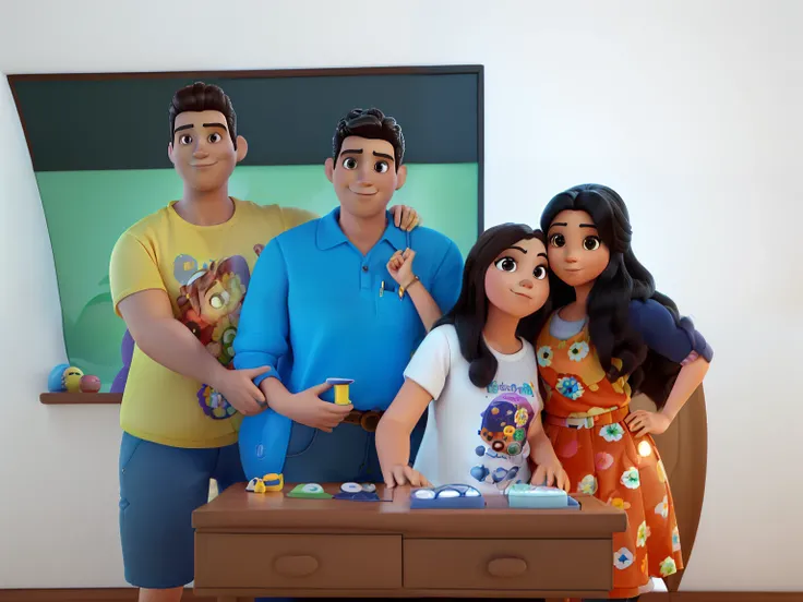 Create a Disney PIXAR-style 3D poster. ((centro da imagem, Triplets)), ((3 adultos)) ((2 homens a esquerda e 2 mulheres  a direita, Theyre hugging each other, O menino tem pele castanha e cabelos castanhos escuros e olhos castanhos escuros, 1 menina tem pe...