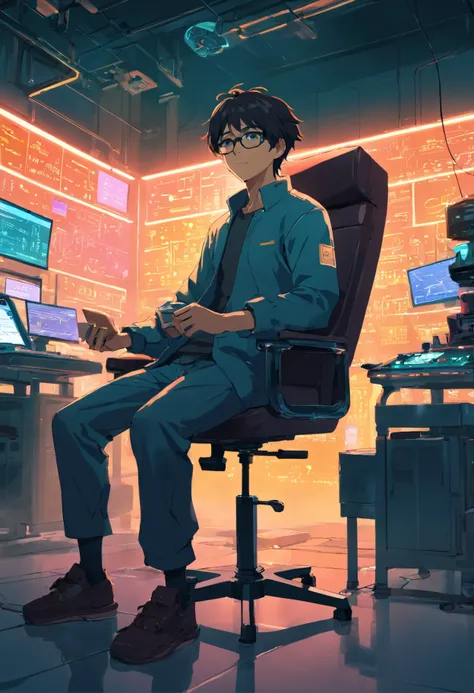 ..RAW, wide angle, A man in a dark lab sitting in a chair from the future wears glasses., Pele negra avermelhada, laboratory, hardware, Ambiente luminoso, Neon light, ((Cyberpunk))