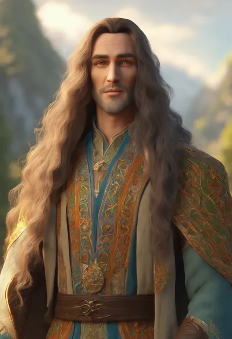 A handsome elvish god with fancy embroidered clothes and long hair