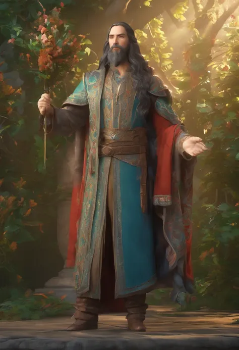 A handsome elvish god with fancy embroidered clothes and long hair