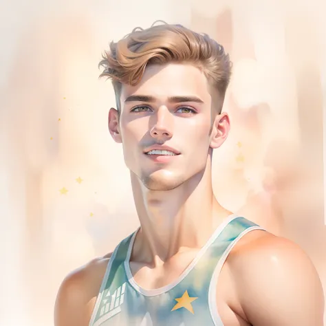 (a watercolor and pencil drawing of an incredibly handsome 25-year-old athlete with short light brown hair, um peito largo e cin...