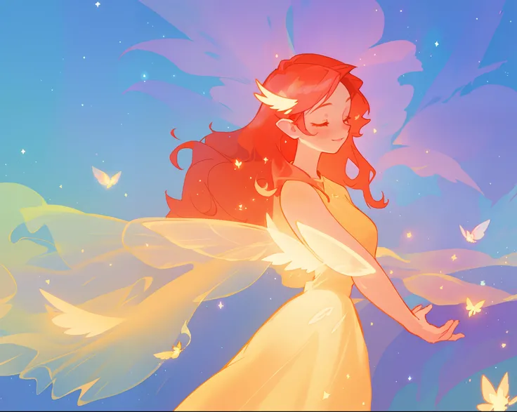 beautiful girl in golden gown, sparkling fairy wings, long flowing red hair, fantasia sky background, colorful, (glowing fairy wings), glowing flowing ballgown, long wavy hair, sparkling fairy wings, watercolor illustration, flowers and colorful plants, di...