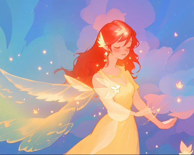 beautiful girl in golden gown, sparkling fairy wings, long flowing red hair, fantasia sky background, colorful, (glowing fairy wings), glowing flowing ballgown, long wavy hair, sparkling fairy wings, watercolor illustration, flowers and colorful plants, di...