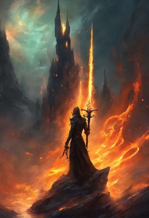 Glowing Black dagger piercing a sea of fire